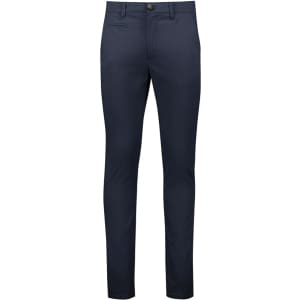 Men's tapered stretch chino pants in navy blue, featuring front and back pockets and a branded logo.