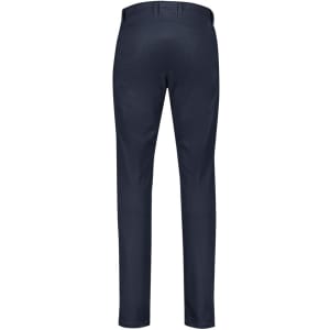 Men's tapered stretch chino pants in navy, featuring a smooth finish and a logo on the waistband.