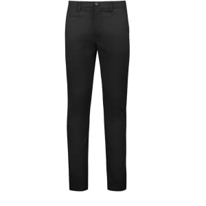 A pair of black modern stretch chino pants with a fitted design. Features front pockets and a branding logo.