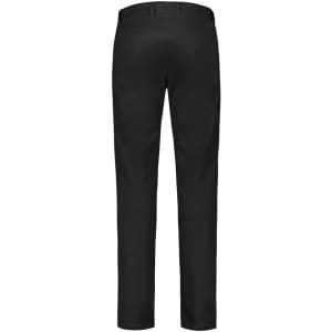 A pair of black modern stretch chino pants featuring a plain back and a logo.