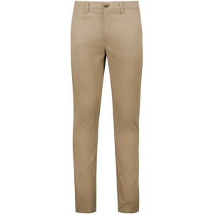 A pair of beige modern stretch chino pants with a slim fit design. Features a front pocket and a branded logo.