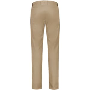 A pair of men's modern stretch chino pants in khaki, featuring a smooth back with visible stitching details.