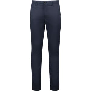 Navy stretch chino pants with a slim fit, featuring front and back pockets, and a button closure.
