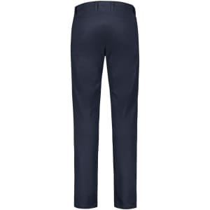 A pair of navy stretch chino pants featuring a plain back design with pockets. There is a logo on the waistband.