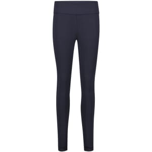 A pair of high-rise pull-on corporate leggings in a dark navy colour, featuring a smooth finish and a brand logo.