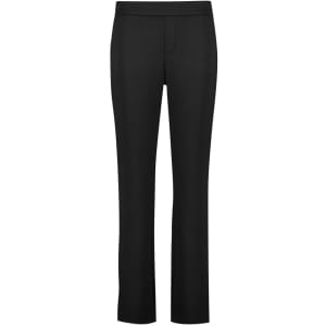 A pair of mid-rise pull-on pants in black, featuring a slacks design and a smooth fabric finish.
