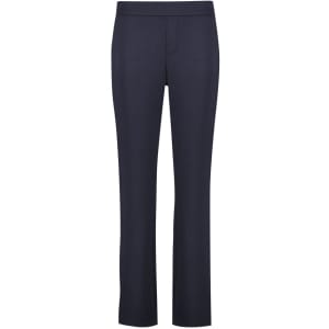 Navy mid-rise pull-on pants made from scuba ponte fabric, featuring a sleek design and a subtle branding logo.