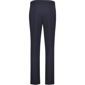 A pair of navy women's pull-on pants with a mid-rise design and a smooth finish. Features a logo on the waistband.