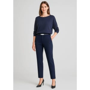 Navy mid-rise pull-on pants paired with a matching top, featuring a sleek fit and a subtle logo.