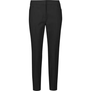 Slim leg pants in black with a mid-waist design, featuring two front pockets and a sleek silhouette.