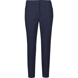 Navy mid-waist slim leg pants with a tailored fit and front pockets, featuring a logo.