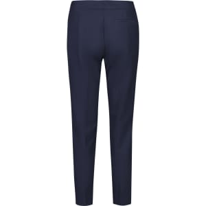 A pair of navy mid-waist slim leg pants, featuring a simple design and a single back pocket.