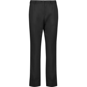 A pair of black tapered leg pants with an adjustable waist and side pockets, featuring subtle branding.
