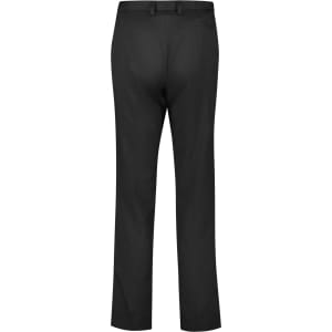 A pair of women's black tapered leg pants with an adjustable waist and a logo on the back.