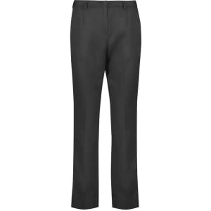 A pair of women's black tapered leg pants with an adjustable waist, featuring a logo on the waistband.