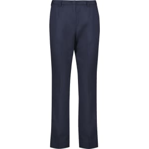 Navy tapered leg pants with an adjustable waist and a logo on the back pocket.