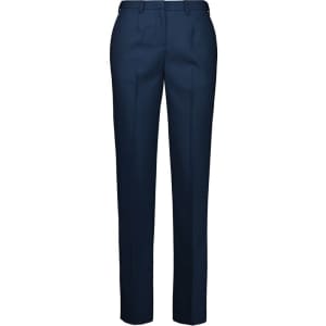 Navy tapered pants with an adjustable waist and a sleek design, featuring a subtle branding logo.
