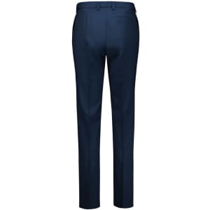 Navy tapered pants with an adjustable waist, featuring a sleek design and a logo at the waistband.