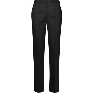 A pair of women's black tapered pants with an adjustable waist, featuring a sleek design and subtle branding.