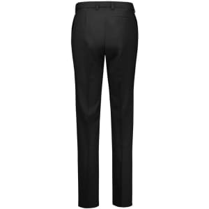 A pair of black tapered adjustable waist pants with a sleek design, featuring a waistband and back pockets.
