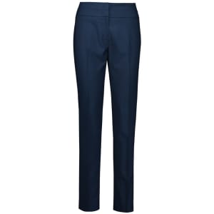 A pair of navy mid-waist slim leg pants with a tailored fit, featuring a logo.
