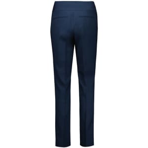 A pair of navy mid-waist slim leg pants viewed from the back, featuring a sleek design and pockets.