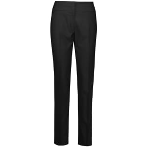 A pair of black mid-waist slim leg pants with a sleek design and a branding logo.