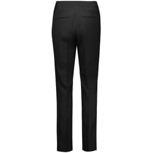 A pair of black mid-waist slim leg pants with a smooth back design and two rear pockets.