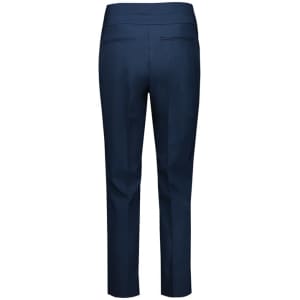 Navy blue women's 7/8 mid-waist slim leg pant with two back pockets and a logo.
