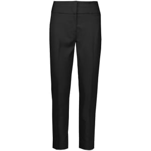 A pair of black mid-waist slim leg pants for women, featuring a tailored fit and sleek design.