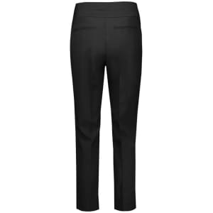 A pair of black women's slim leg pants with a mid-waist design, featuring a smooth back with two pockets and a logo.