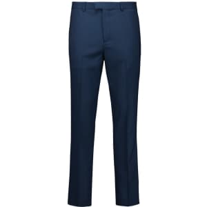 A pair of men's slim fit flat front pants in navy blue, featuring a branding logo.