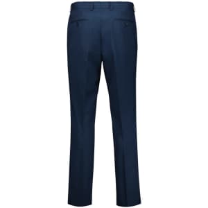 A pair of navy slim fit flat front pants, featuring a smooth back with two rear pockets. Includes branding.