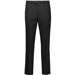 A pair of black slim fit flat front pants, designed for men's formal wear. Features a waistband and clean lines.