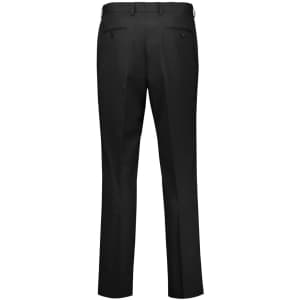 A pair of men's slim fit flat front pants in black, featuring back pockets and a tailored design.