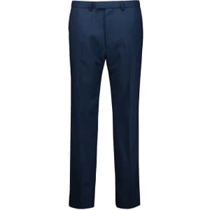Navy straight leg pants with an adjustable waist, featuring a logo. Suitable as formal slacks for various occasions.