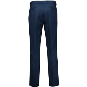 A pair of navy straight leg pants with adjustable waist features and back pockets.