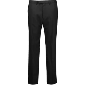 A pair of black straight leg pants with an adjustable waist, designed for men. Features a logo on the waistband.