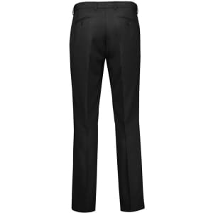 Black straight leg pants with an adjustable waist, featuring back pockets and a logo.