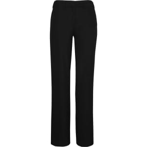 Black adjustable waist pants with a straight leg cut and a waistband, featuring a logo on the back.