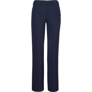 Navy blue adjustable waist pants with a tailored design and a waistband. Features a logo.