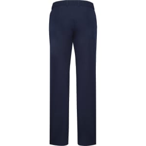 Navy women's adjustable waist pants with a straight-leg fit and a back view. Features a logo on the waistband.