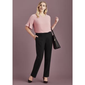 A pair of black slacks, styled with a pink blouse and black handbag, featuring a fitted design and pockets.