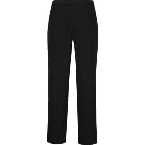 A pair of black adjustable waist slacks, featuring a sleek design and a waistband for comfort.