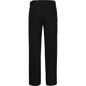 Black adjustable waist pants featuring a straight leg design and rear pockets, with a logo on the waistband.