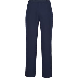 Navy blue men's adjustable waist pants with a sleek design and a subtle logo. Suitable for casual or formal occasions.