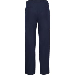 Navy adjustable waist men's slacks featuring two back pockets and a sleek design. Includes branding on waistband.