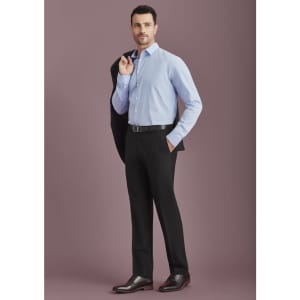Men's Siena adjustable waist pants in black, styled with a light blue shirt and accompanied by a jacket.