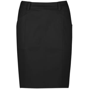 A black mid-waist chino skirt with a fitted design and pocket detailing. Features branding on the waistband.