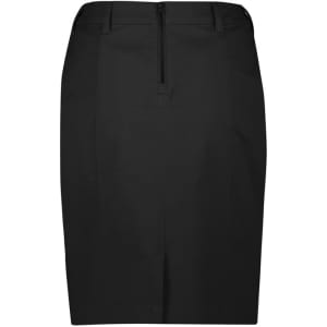 A black mid-waist stretch chino skirt with a back zipper and a tailored fit. It features a logo.